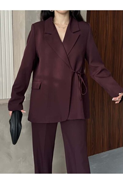 Moda İkra Blazer Jacket Wide Leg Pants Set with a Wide Fabric Belt Tied at the Waist