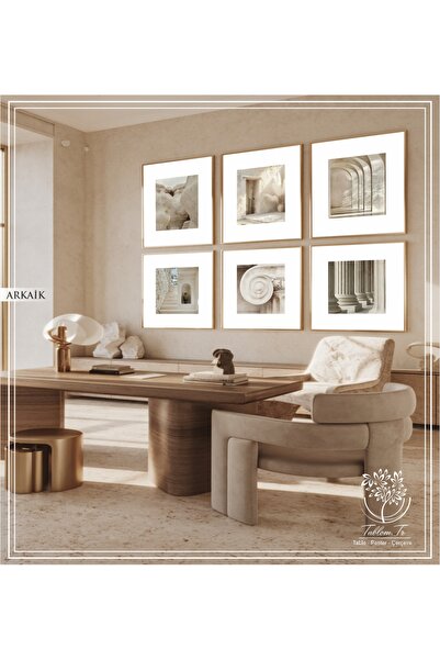 Tablomtr Arkaik - Dijital Baskılı Gold Metal Çerçeveli Gerçek Camlı 6'lı Dekoratif Tablo