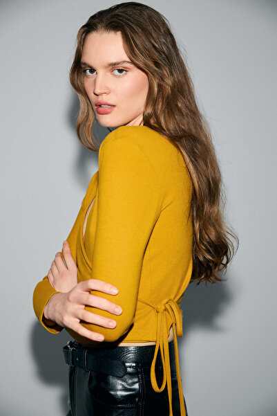 GRIMELANGE Olivierns Women's Front Tie Bodycon Blouse with Breathable Fabric in Saffron Yellow