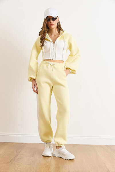 Olalook Women's Yellow Color Detailed Fleece-Lined Thick Winter Tracksuit Set Etkm-0000073
