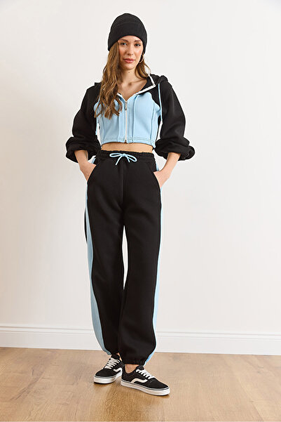 Olalook Women's Black Blue Color Detailed Fleece-Lined Thick Winter Tracksuit Set Etkm-0000073