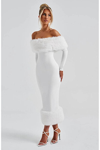 Buklemoda Μάξι φόρεμα από υφασμάτινο ύφασμα με λεπτομέρεια από γούνα