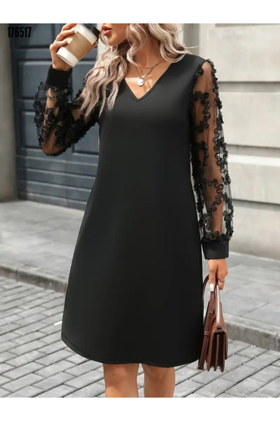 Modayakamoz Yeni Sezon Bisiklet Yaka Tül Detaylı Kadın Mini Elbise Dalgıç Kumaş Şık Model