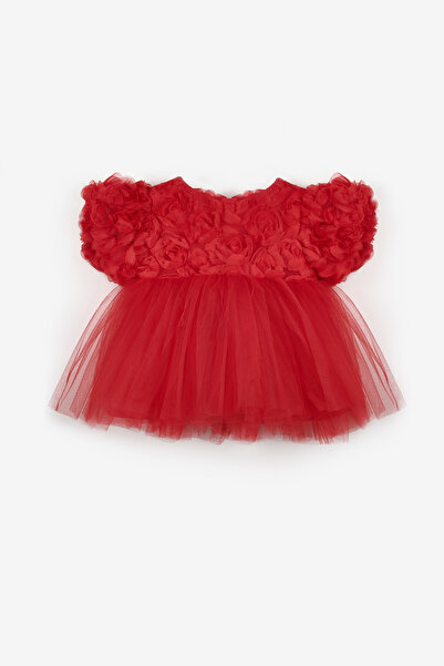 Le Mabelle Red Rose Detailed Baby Girl Dress - Elina