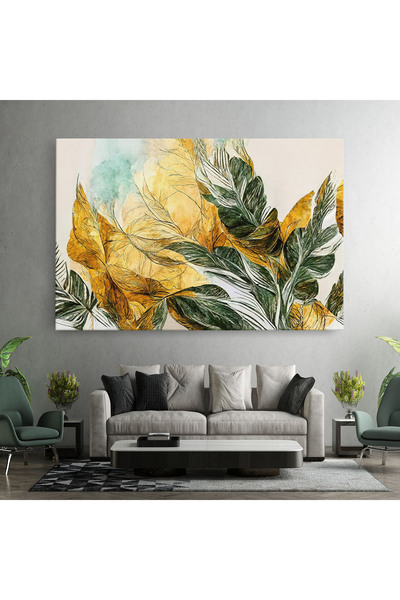 Arthub Canvas Painting, Bedroom And Living Room, Abstract, Gold And Green Leafes