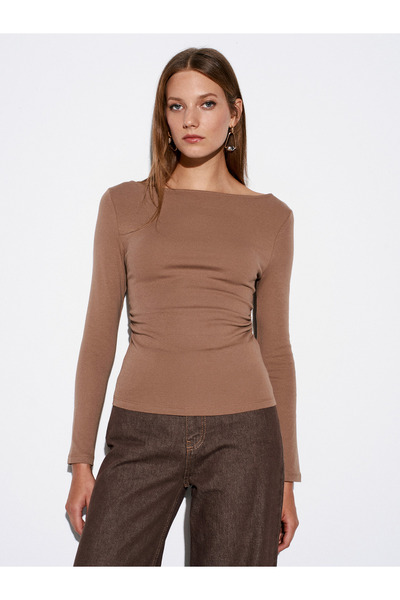 Dilvin Gathered Side Detail Boat Neck Knitted Blouse