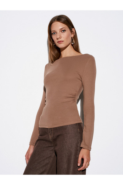 Dilvin Gathered Side Detail Boat Neck Knitted Blouse