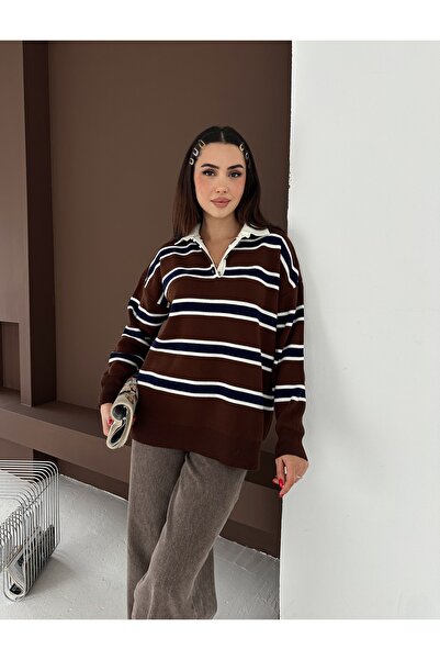 SBL COLLECTİON Polo Neck Striped Sweater