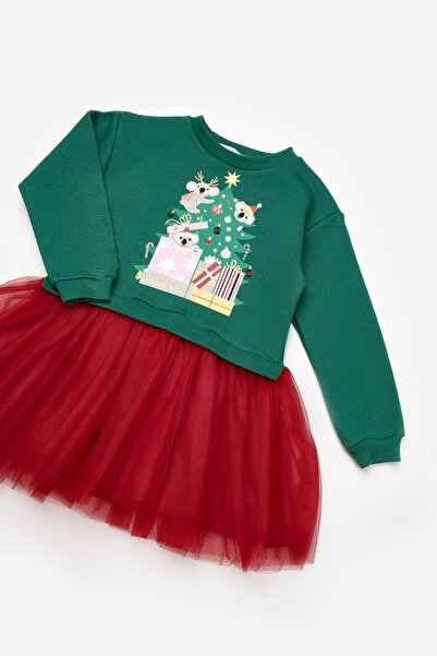 Le Mabelle Yeşil Koala Baskılı Kız Çocuk Yılbaşı Elbise - Renata