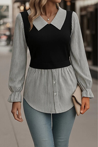 Butik    Women's Long Sleeve Collared Front Buttoned Ottoman Blouse