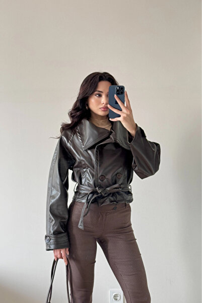 Eka Jachetă din piele subțire cu nasturi maro pentru femei 0999-8505