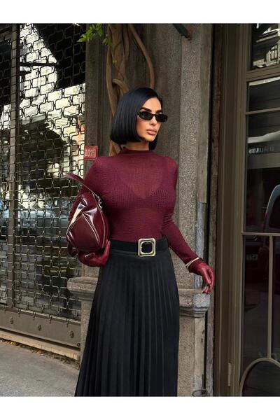 Coral ياقة مرتفعة متوسطة الطول بلوزة طويلة 251131 أحمر كلاريت