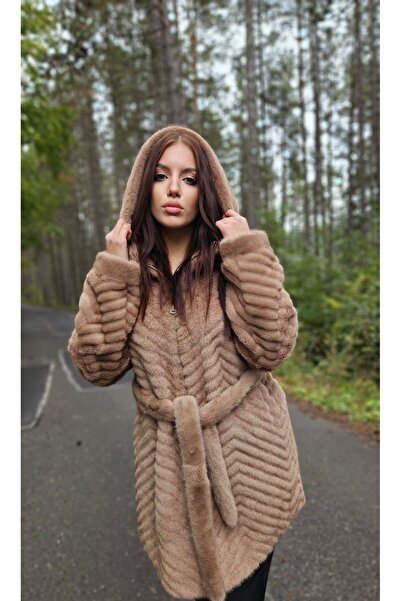 fara marca Beige Hooded Faux Fur Coat - Elegant, Warm and Soft
