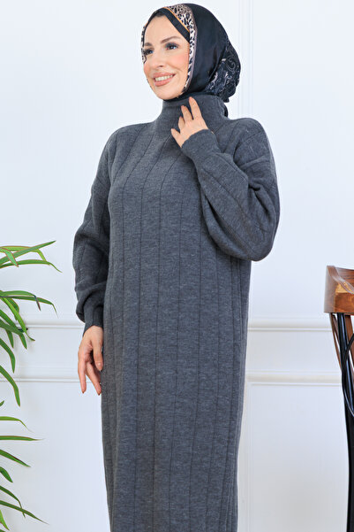 benguen κοτλέ Πλεκτό Φόρεμα N7085 Ανθρακίτη