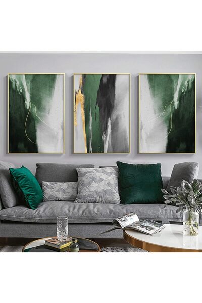 Generic لوحة فنية جدارية تجريدية حديثة من القماش - أخضر، رمادي، وذهبي، 3 قطع،...