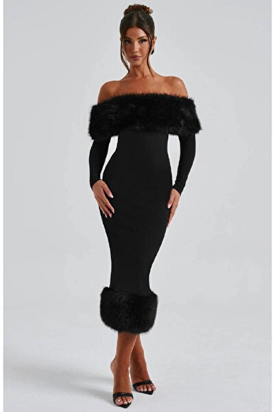Buklemoda Modal Fabric Fur Detailed Maxi Dress