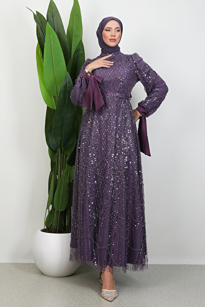Lamia Giyim Kol Ucu Saten Abiye Koyu Lila