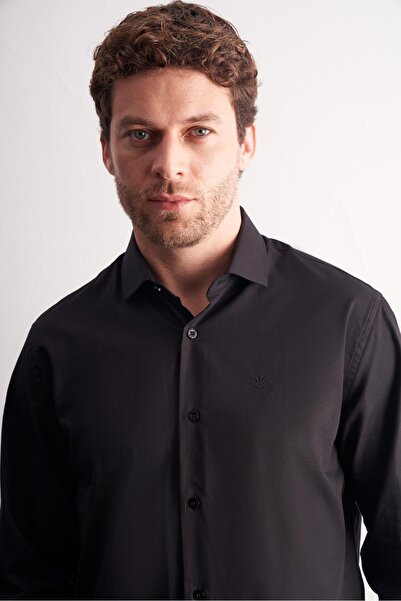 İmza Black Half Italian Collar Long Sleeve Premium S Slim Fit 100% Cotton Shirt 1004255196