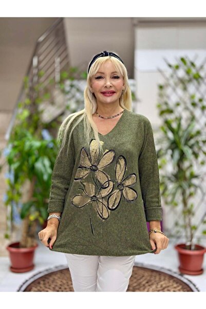 Punta Otantik Yg8022 Floral Patterned Stone Italian Knitwear Blouse Green