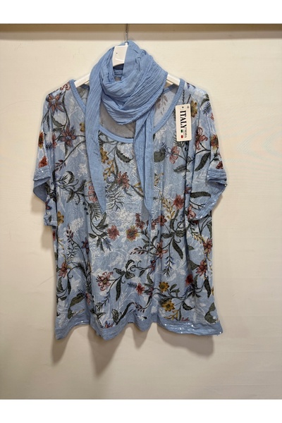 della moor Italian Light Blue Floral Patterned Short Sleeve O Oversized Blouse with Scarf