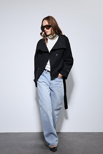 Antioch Black Mock Neck Double-Breasted Trench Coat