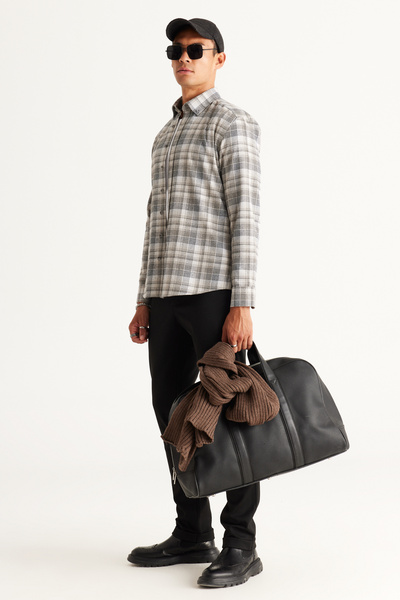 ALTINYILDIZ CLASSICS Grey-White Slim Fit Slim Fit Buttoned Collar Cotton Plaid Patterned Flannel Lumberjack Shirt