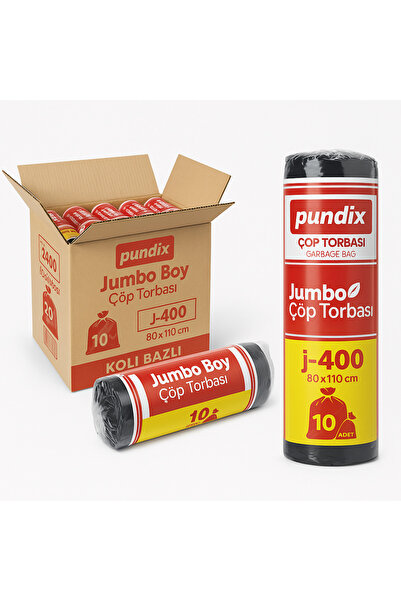 Pundix J400 Çöp Poşeti 80X110 cm Siyah Jumbo Boy – 1 Koli (20 Rulo / 200 Adet) Geniş Hacimli Çöp Torbası