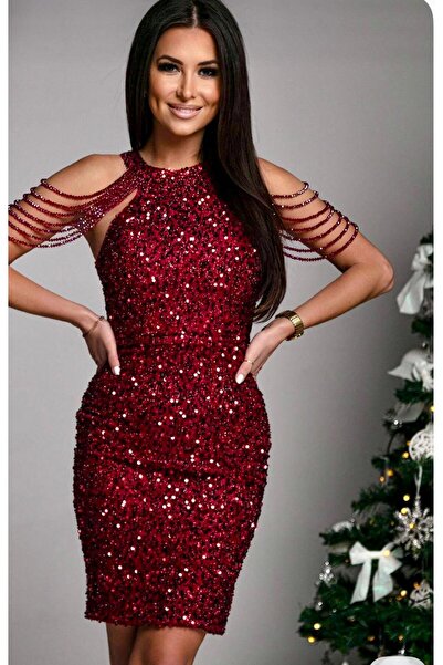 MODAS HALTER YAKA KOLLARI BONCUK DETAYLI MİNİ ABİYE ELBİSE