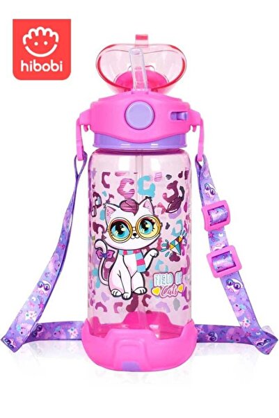 hibobi 650Ml Sippy Cup Water Bottle for Kids with Cat Design, Easy-to-Carry School