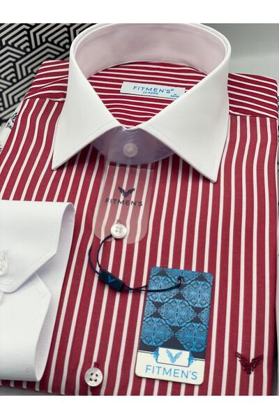 Fitmens Classic long sleeve pocketless collar cuff white gift boxed men's shirt fs-004328 - burgundy white