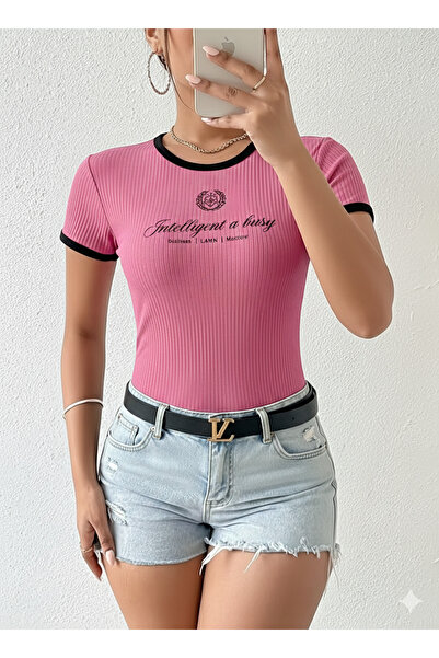 MaxiMor Women's Powder Color Crew Neck Basic Slim Fit Short Sleeve Body Full Stretch Fabric Full Fit Length 55 cm