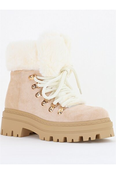 MARQUIIZ Ghete damă cu șireturi piele ecologică îmblănită bej