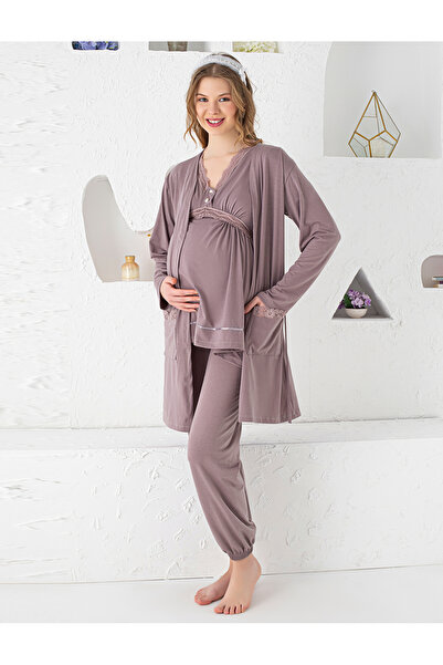 JENİKA Women's Maternity 3-Piece Pajama Set – Stylish Lace and Practical Button Detailing