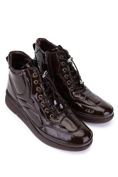 Tamer Tanca Women's Genuine Leather Brown Patent Leather Casual Boots