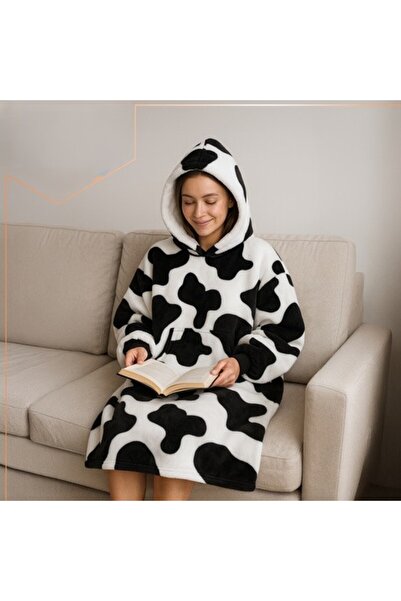 zola Hooded blanket sweatshirt with sleeves, universal, fluffy interior, 115 x 80 cm, polyester, white/black