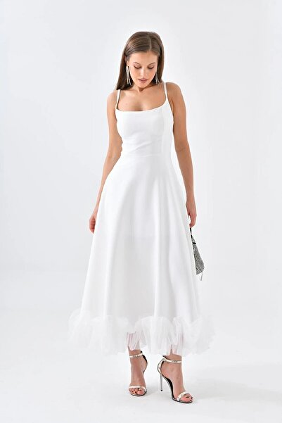 WOMAN VISION Damenkleid aus Baumwollsatin mit transparenten Details und dünnen Trägern – weißes Midikleid