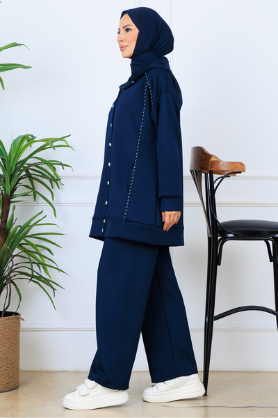 benguen Hooded Button Scuba Suit N5393 Navy Blue