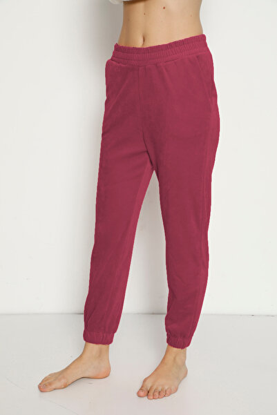 İntensive Women's Burgundy Pocketed Cotton Velvet Sweatpants
