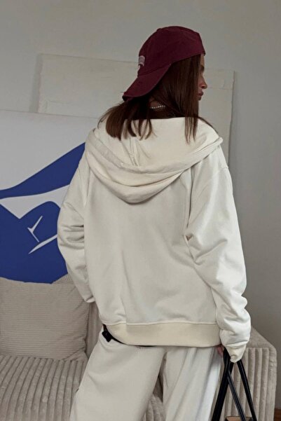 The Champ Clothing Women's Oversized Tracksuit Set White – Hooded Zipper, Striped Detail , Lace-Up Waist, Wide Legs