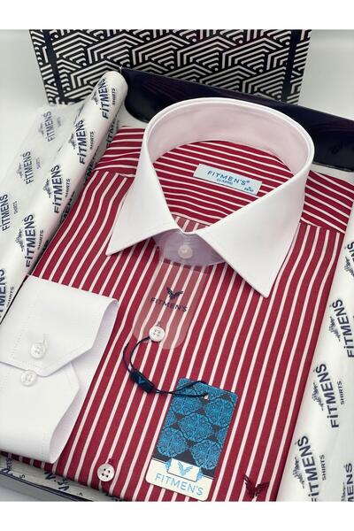 Fitmens Classic long sleeve pocketless collar cuff white gift boxed men's shirt fs-004328 - burgundy white