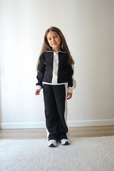 YUMİYUMM 3-10 Years Old Girl's 3 Thread Ş Fleece-Lined Black-White Striped Winter Tracksuit Set