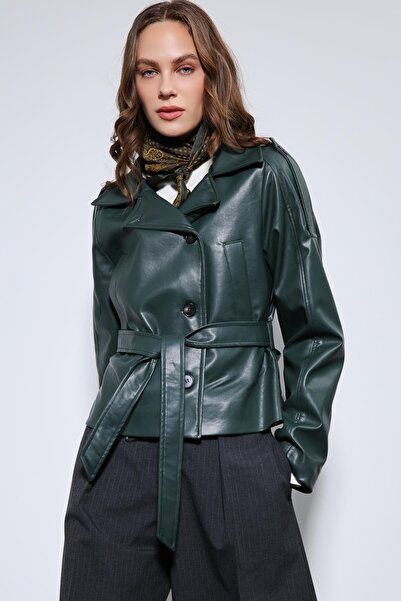 Antioch Green Belted Faux Leather Coat