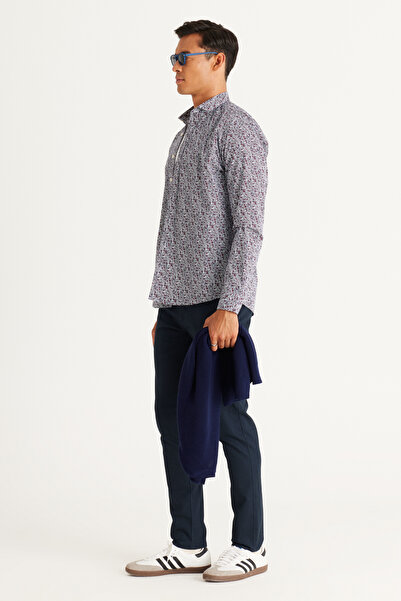 AC&Co / Altınyıldız Classics Navy Blue-Burgundy Slim Fit Slim Fit Small Italian Collar 100% Cotton B Printed Shirt