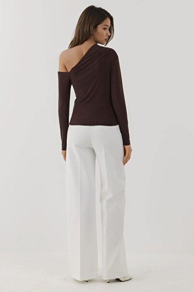 Hiccup Asymmetric Neckline Long Sleeve Slim Fit Stretchy Knitted Top