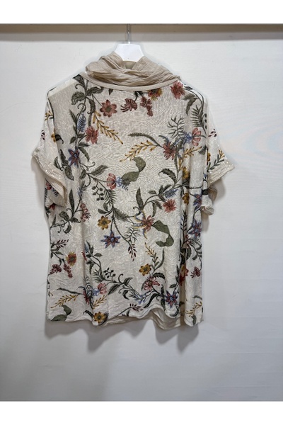 della moor Italian Beige Floral Patterned Short Sleeve O Oversized Blouse with Scarf