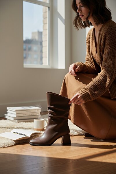 VeliKundura Brown Back Zipper Pointed Toe Thick Heel Rubber Sole Women's Boots