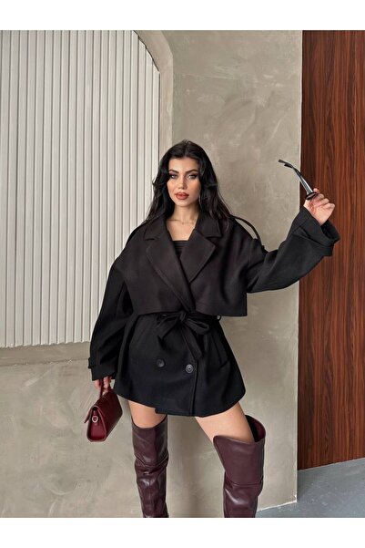 ZF BUTİK Women's Short Cashmere Coat with Belted Sleeves and Epaulet Detail Premium Cashmere Coat