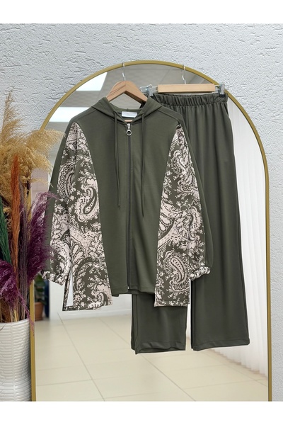 MİHRA STORE Bahira Sides Digital Printed Zippered Trousers Suit-Mf1831 Khaki