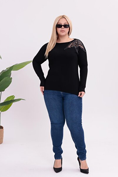 Siyezen Plus Size Shoulder Star Pearl Detailed Blouse