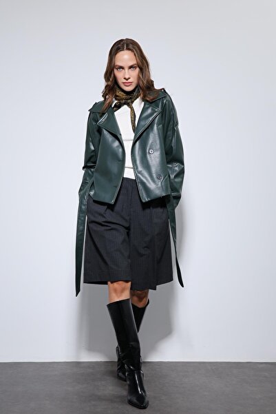 Antioch Green Belted Faux Leather Coat